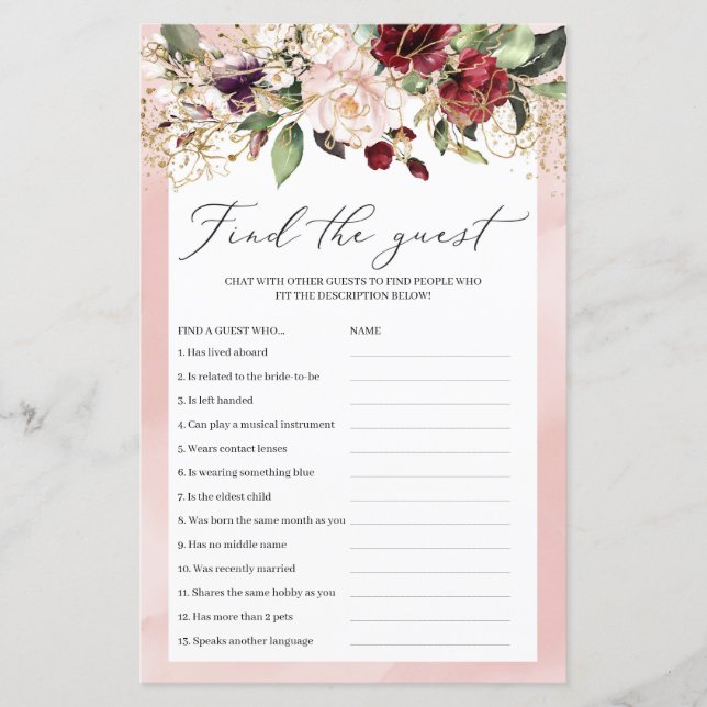 Papier Bourgogne Blush Rose Floral Trouvez Le Jeu D'Invit (Devant)