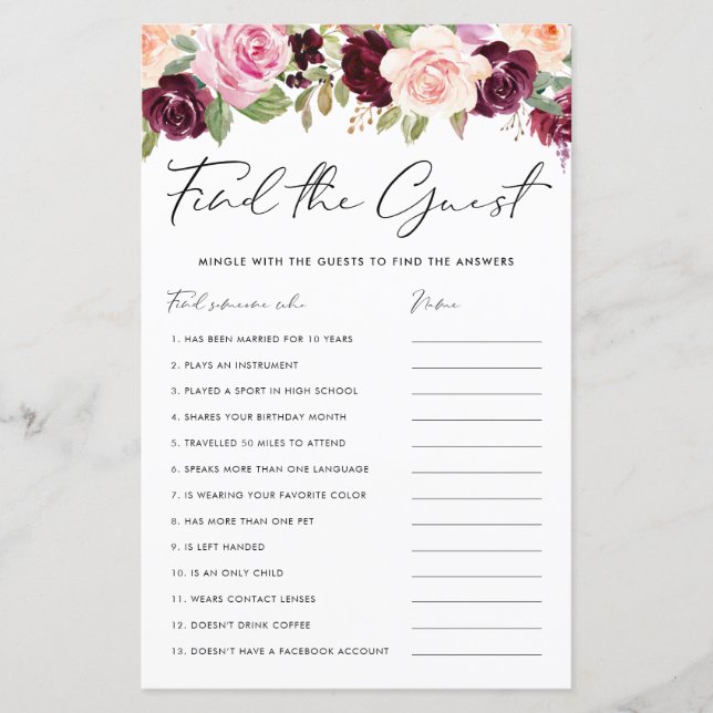 Papier Bourgogne et Fleurs de Pêche Trouvez les invités j (Devant)
