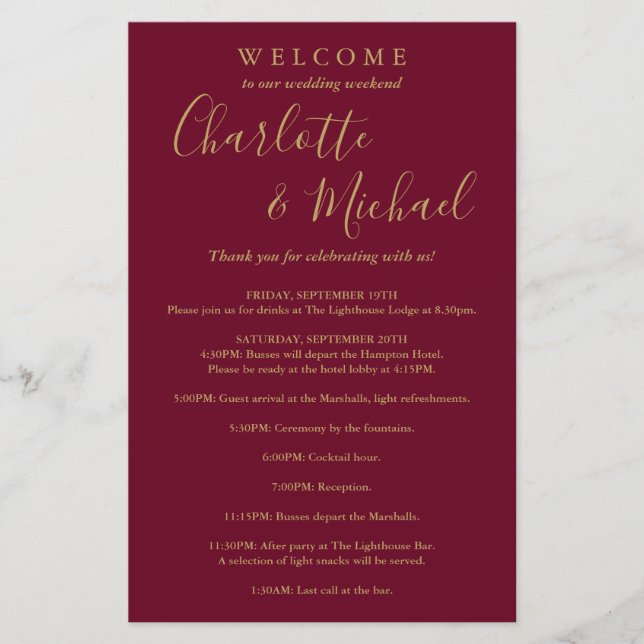 Papier Bourgogne et or Mariage du week-end des invités (Devant)