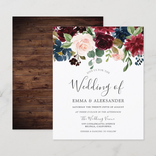 Papier Bourgogne - Faire-part de mariage budgétaire (Devant / Derrière)