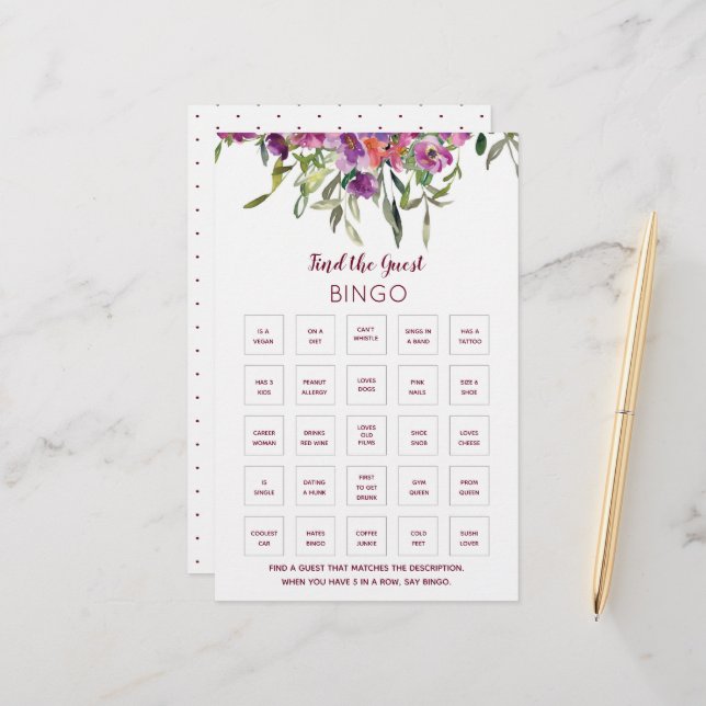 Papier Bourgogne Fête des mariées florale Bingo Jeu (Devant/Arrière en situation)