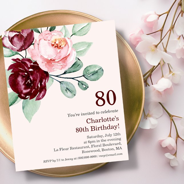 Papier Bourgogne Floral 80e Budget Anniversaire Invitatio (Créateur téléchargé)