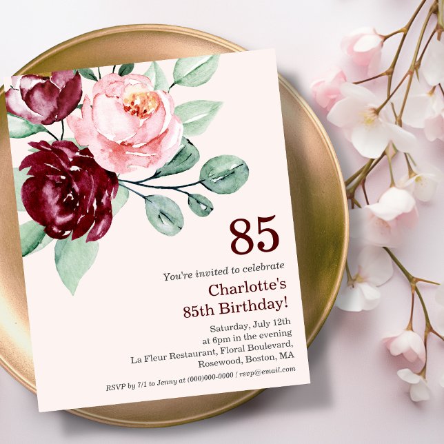 Papier Bourgogne Floral 85e Budget Anniversaire Invitatio (Créateur téléchargé)