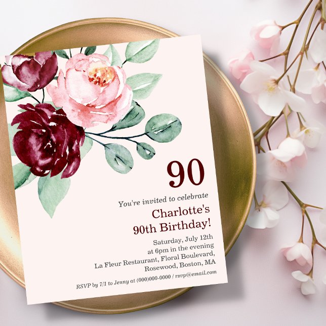 Papier Bourgogne Floral 90e Budget Anniversaire Invitatio (Créateur téléchargé)