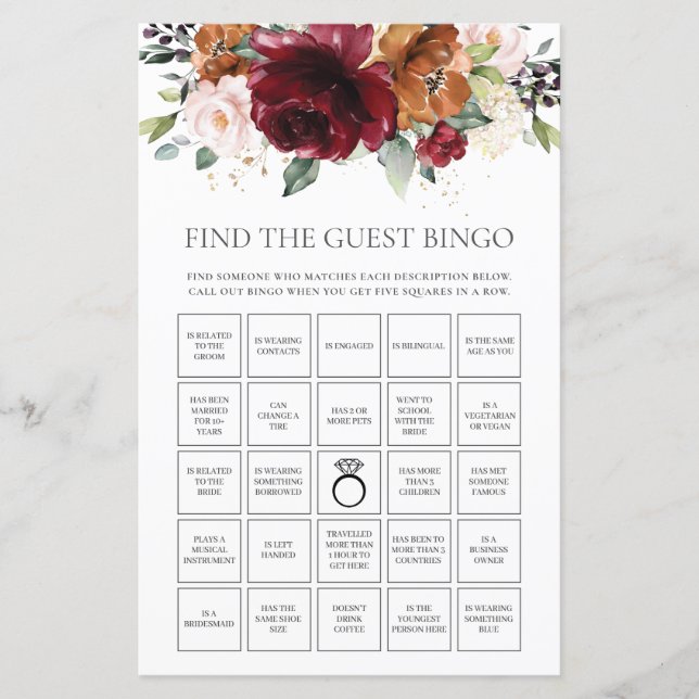 Papier Bourgogne Floral Fun Bridal Trouvez le Bingo invit (Devant)