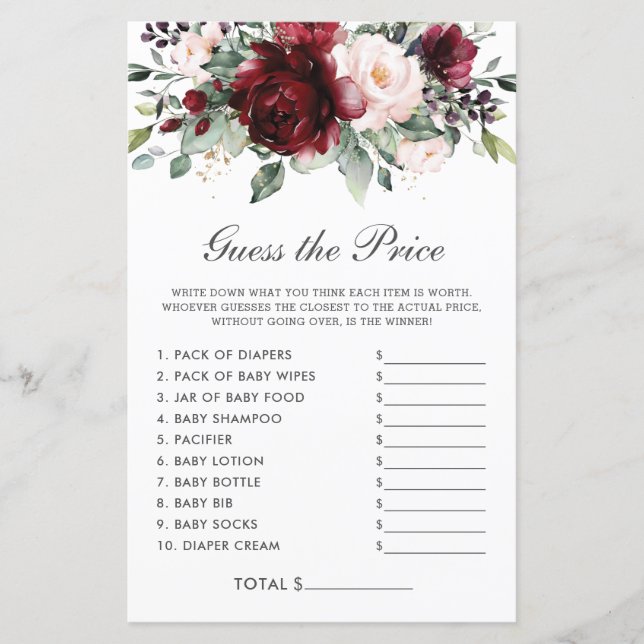 Papier Bourgogne Floral Prix Devant Baby shower Jeu (Devant)