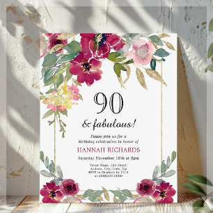 Papier Bourgogne rose florale 90e anniversaire Invitation