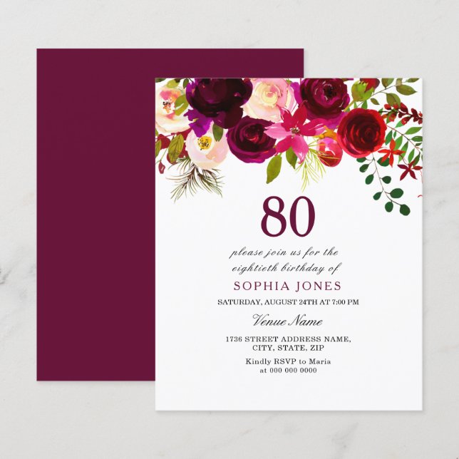Papier Bourgogne Rouge Blush Budget 80e anniversaire Invi (Devant / Derrière)