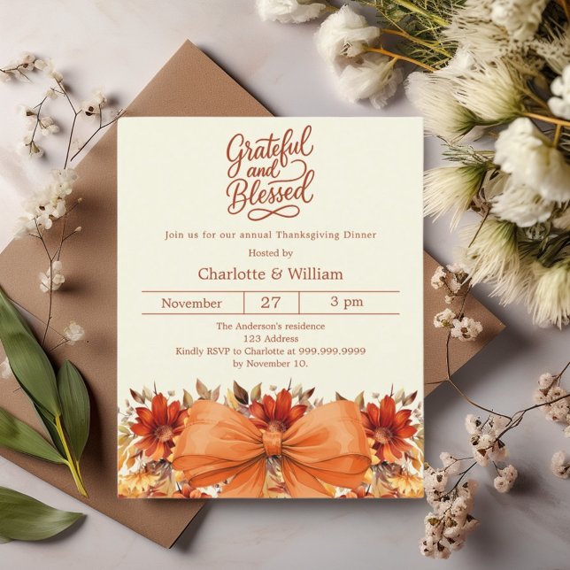 Papier Bow floral orange Thanksgiving dîner invitation (Créateur téléchargé)