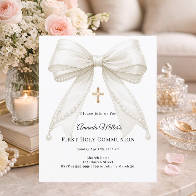 Papier Bow ivory pearls girl First Communion invitation (Créateur téléchargé)