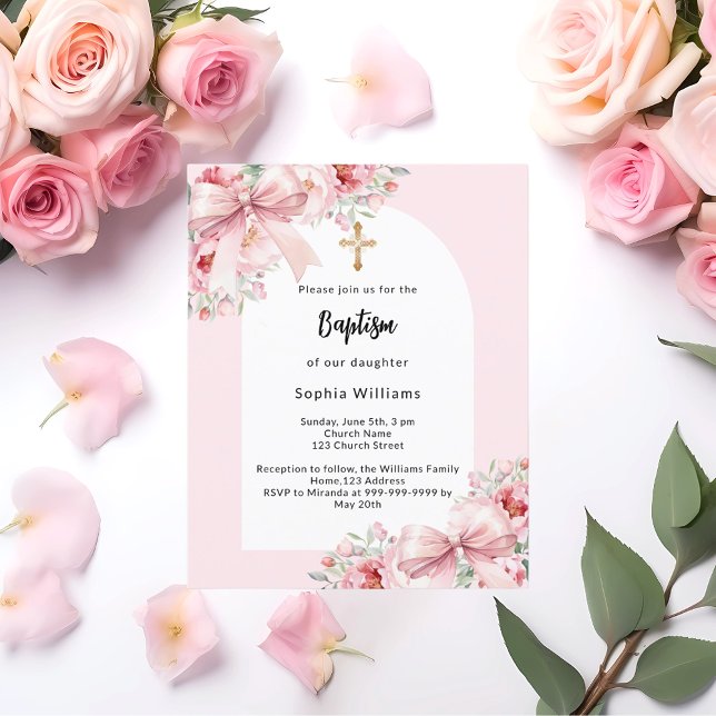 Papier Bow rose flores arch fille baptême invitation (Créateur téléchargé)