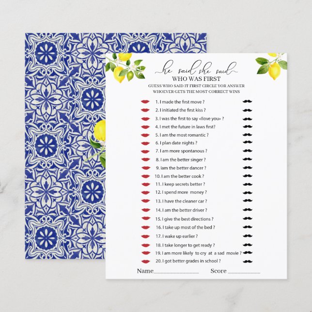 Papier Branche de citron et mosaïque bleue jeu Il a dit q (Devant / Derrière)