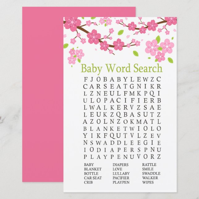 Papier Branche Sakura Baby shower Word Search Jeu (Devant / Derrière)