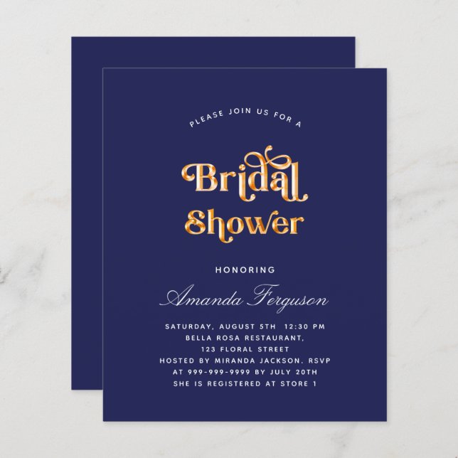 Papier Bridal douche marine bleu or budget invitation (Devant / Derrière)