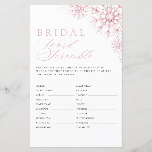 Papier Bridal Word Scramble Pink Snow in Love Game (Devant)