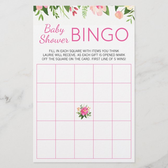 Papier Bright rose Floral Baby shower Jeu de Bingo (Devant)