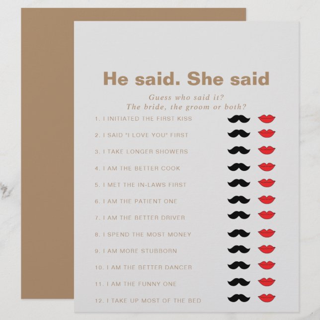 Papier Brown Il Dit Qu'Elle A Dit Fête des mariées Game (Devant / Derrière)