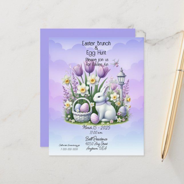 Papier Brunch de Pâques & Chasse aux œufs Blanc et Violet (Devant/Arrière en situation)