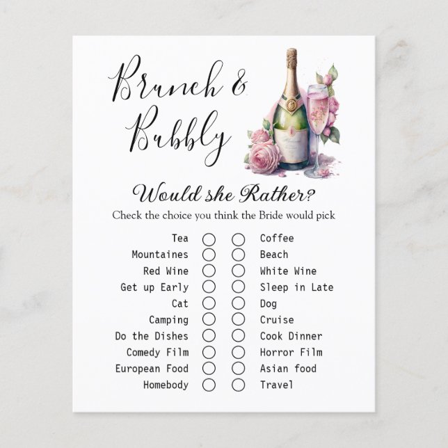 Papier Brunch et Bubbly Fête des mariées Game Card (Devant)