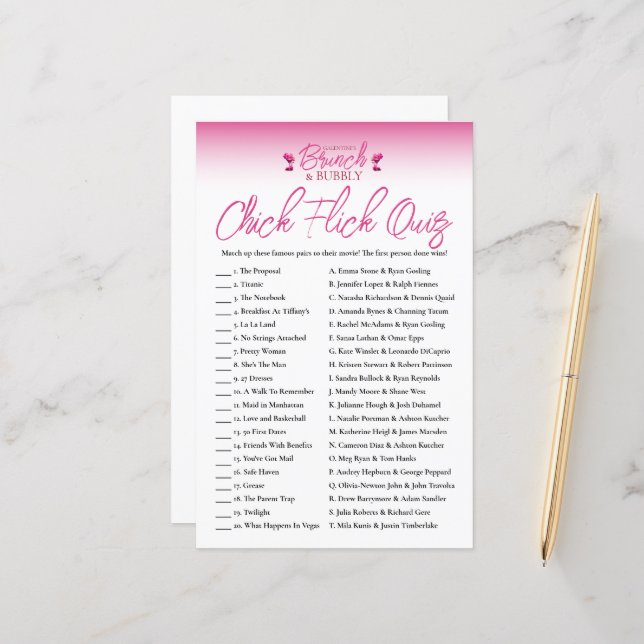 Papier Brunch et Bubbly Galentines Chick Flick Jeu Quiz (Devant/Arrière en situation)
