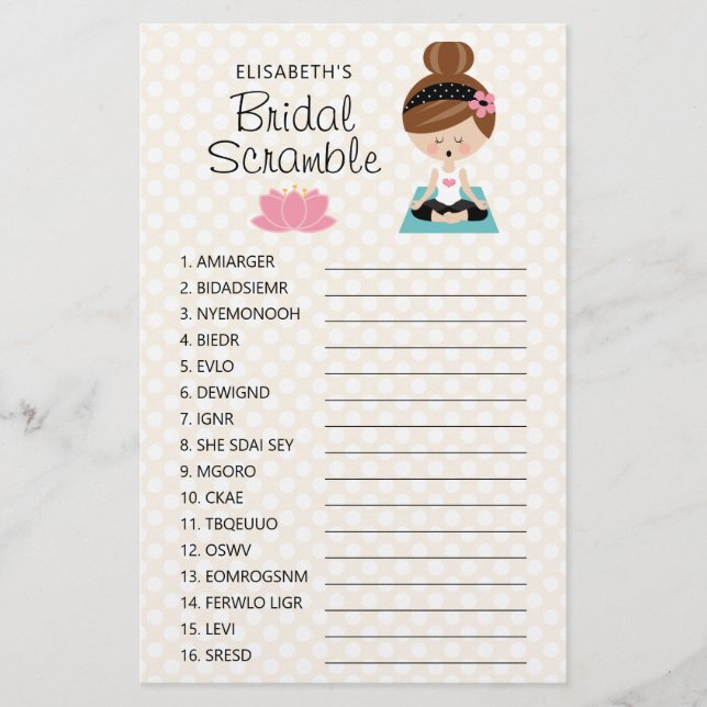 Papier Brunette Yoga Fête des mariées Scramble Jeu (Devant)