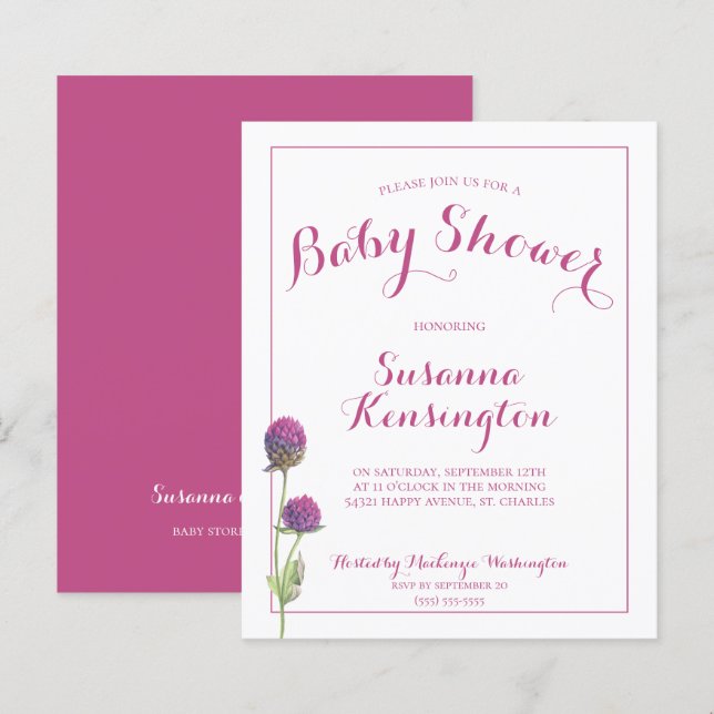 Papier Budge Pink Thistle Baby Girl Shower Invitation (Devant / Derrière)