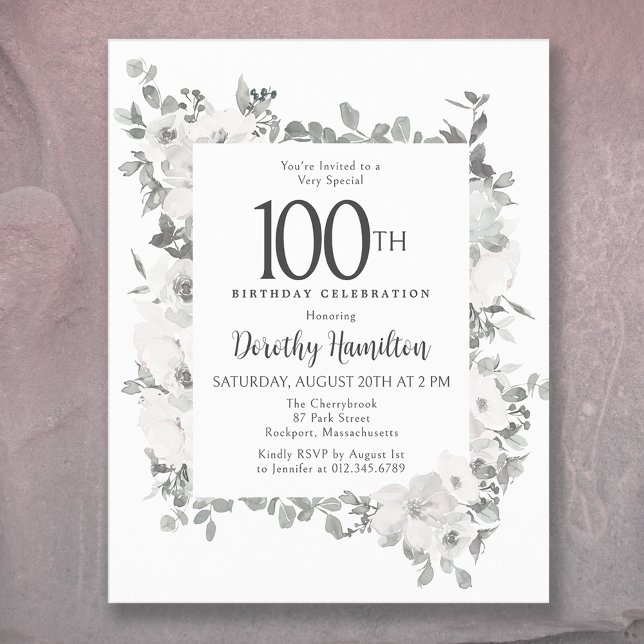 Papier Budget 100e anniversaire Invitation florale blanch (An elegant way to celebrate an important milestone!)