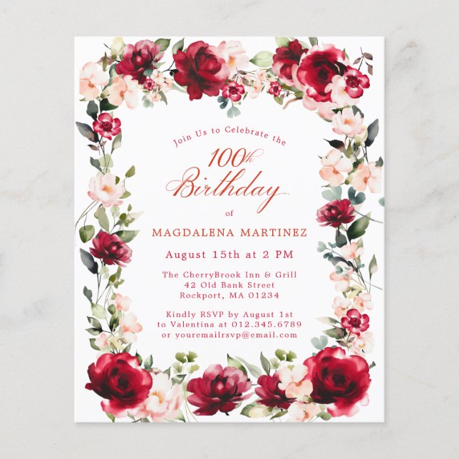 Papier BUDGET 100e anniversaire Invitation rose rose rose (Devant)