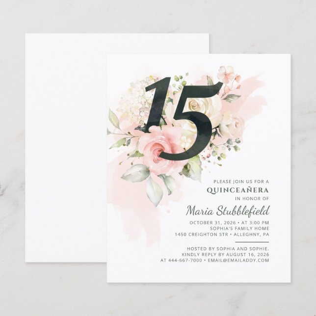 Papier Budget 15e anniversaire Floral Quinceanera Invitat (Devant / Derrière)