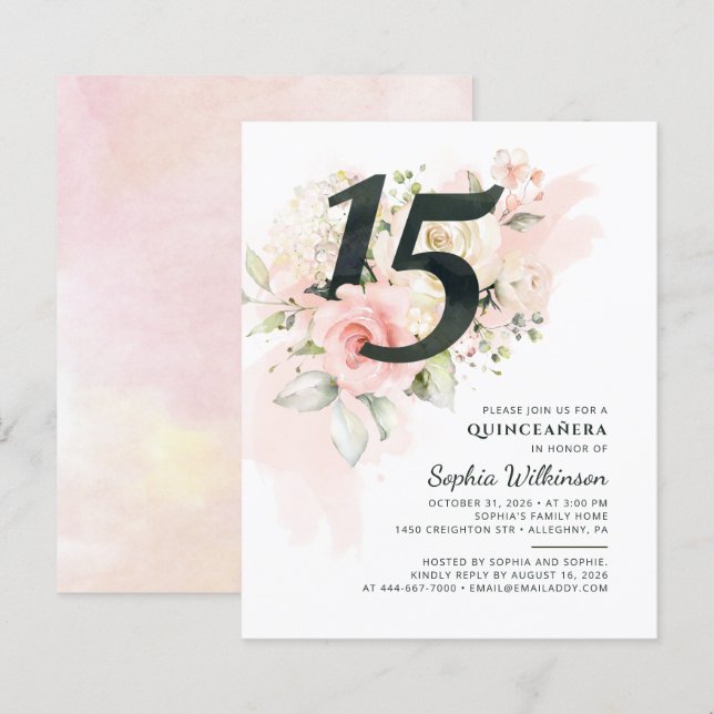 Papier Budget 15e anniversaire Floral Quinceanera Invitat (Devant / Derrière)