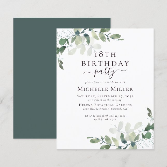Papier BUDGET 18e anniversaire Elegant Eucalyptus Invitat (Devant / Derrière)