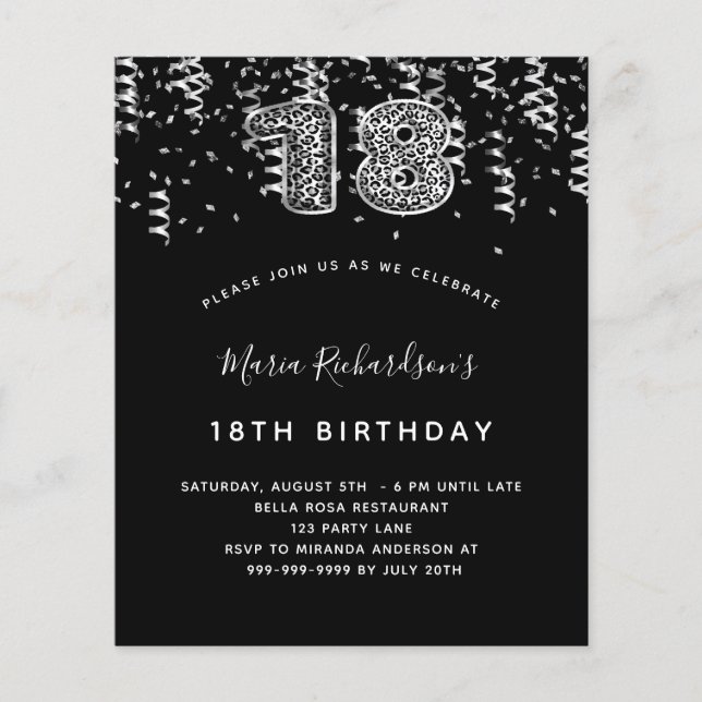 Papier Budget 18e anniversaire fêté léopard d'argent noir (Devant)
