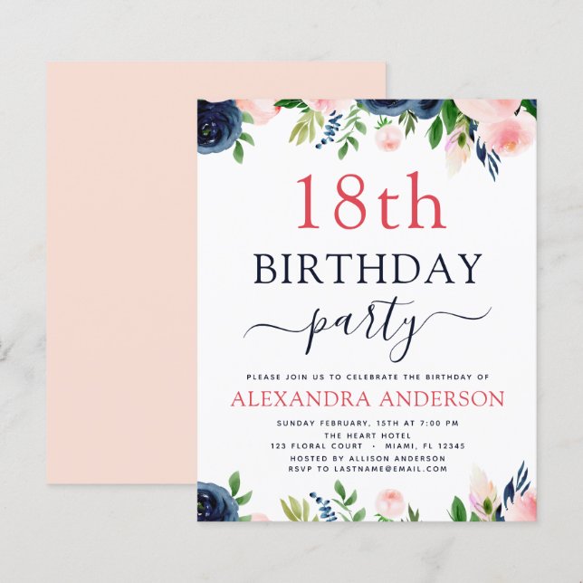 Papier Budget 18e anniversaire Marine bleu bleu bleu rose (Devant / Derrière)