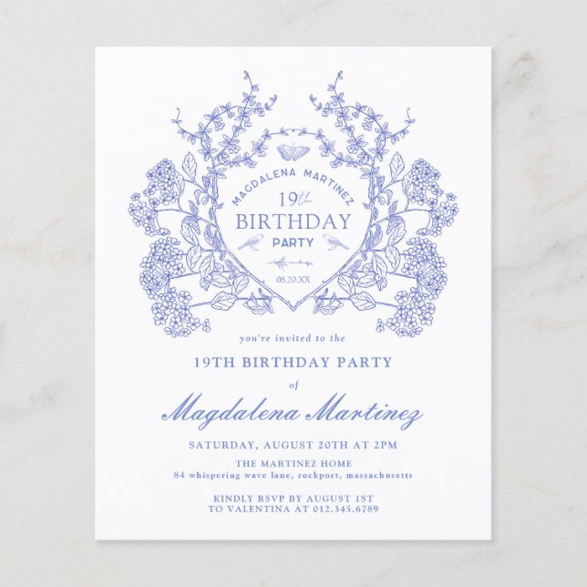 Papier BUDGET 19e Anniversaire Bleu Blason Floral (Devant)