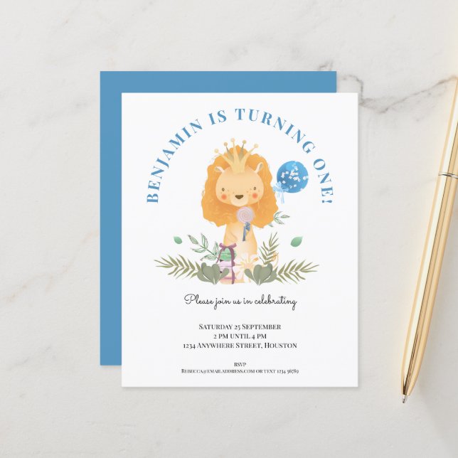 Papier Budget 1er anniversaire Lion Boys Party Invitation (Devant/Arrière en situation)
