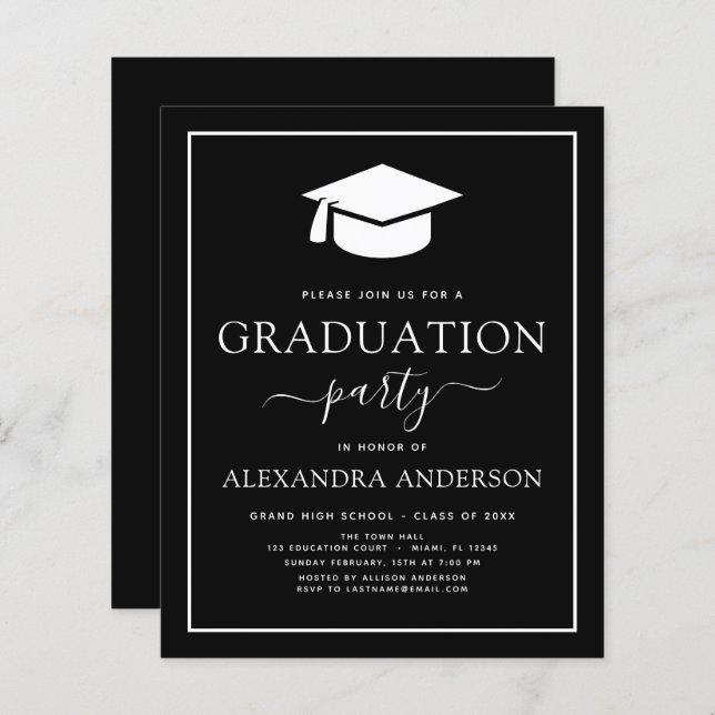Papier Budget 2023 Graduation Party Black Invitation (Devant / Derrière)