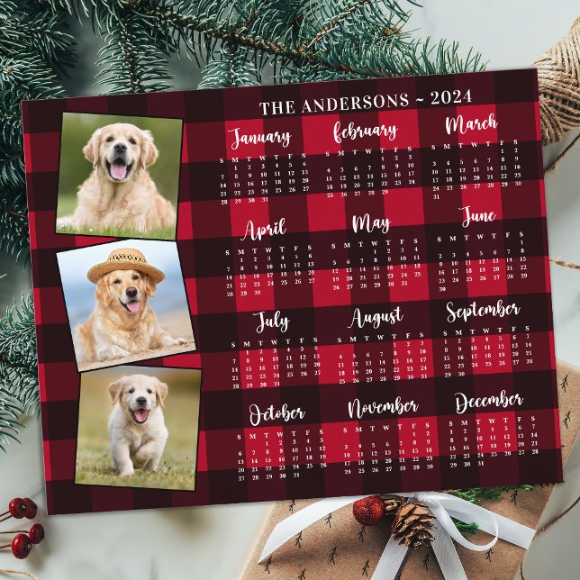 Papier Budget 2026 Photo Pet Dog Red Plaid Calendar Card (Créateur téléchargé)