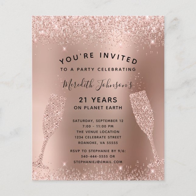 Papier Budget 21e anniversaire Champagne Rose Invitation  (Devant)