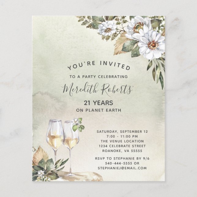 Papier Budget 21e Anniversaire Champagne Toast Floral Inv (Devant)