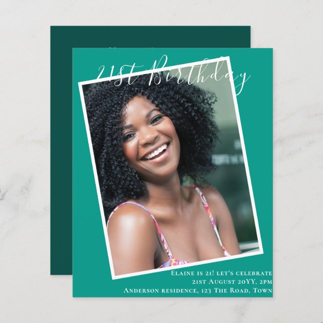 Papier BUDGET 21e anniversaire Invitation PHOTO Keepsaké (Devant / Derrière)