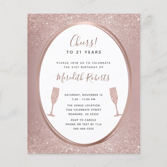 Papier Budget 21e Anniversaire Rose Invitation Champagne  (Devant)