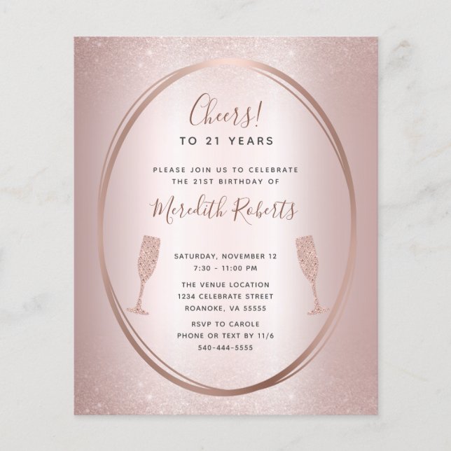 Papier Budget 21e Anniversaire Rose Invitation Champagne  (Devant)