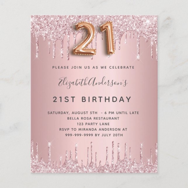 Papier Budget 21e anniversaire rose poussiéreux gouttes d (Devant)