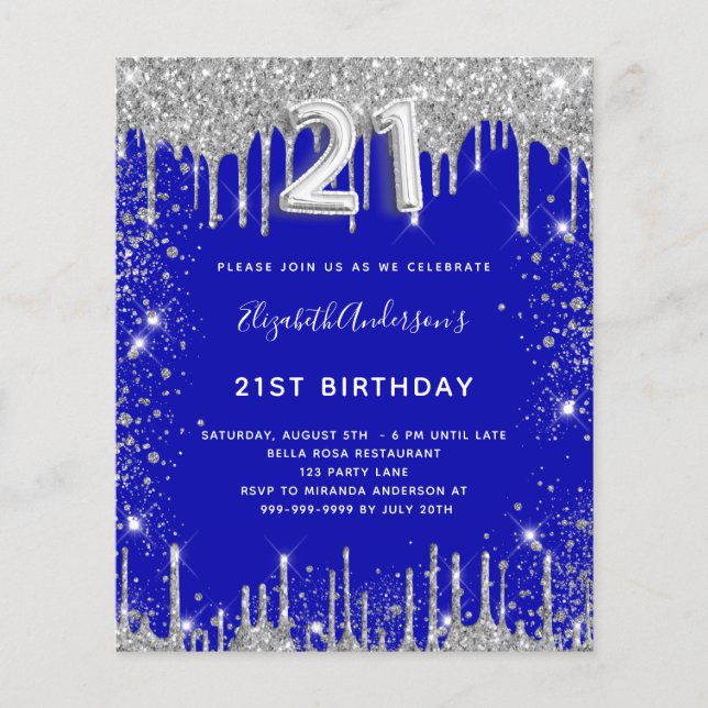 Papier Budget 21e anniversaire royal bleu argent parties  (Devant)