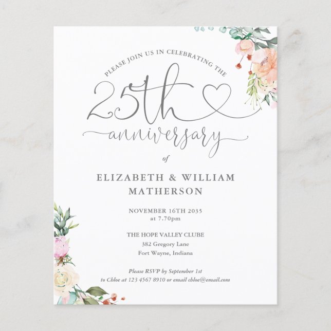 Papier Budget 25e Anniversaire Coeur Floral Invitation (Devant)