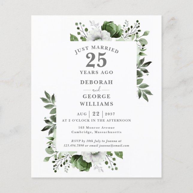 Papier Budget 25e anniversaire du Mariage Invitation flor (Devant)
