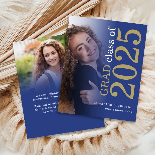 Papier Budget 2 photo Blue Gold 2025 Graduation Annonce (front and back view)