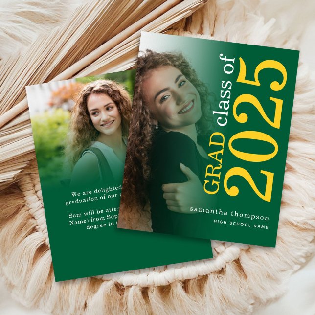 Papier Budget 2 photo Jaune Vert 2023 Grad Faire-part (front and back view)