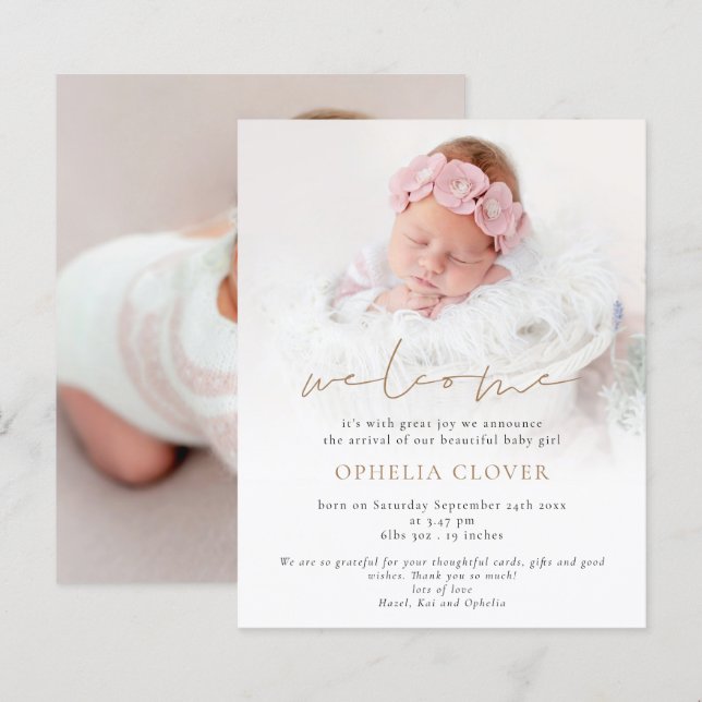 Papier Budget 2 Photos Overlay Gold Welcome Birth (Devant / Derrière)