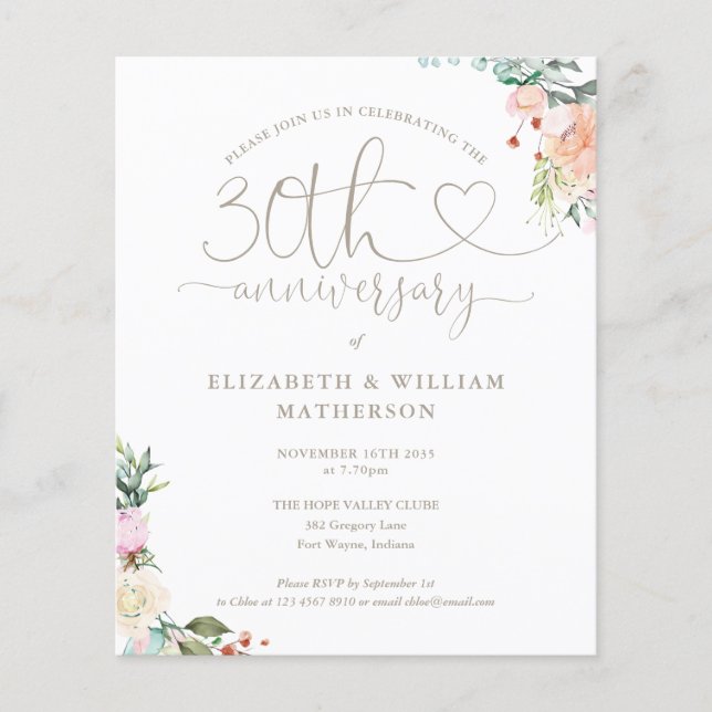 Papier Budget 30e anniversaire Coeur Floral Invitation (Devant)